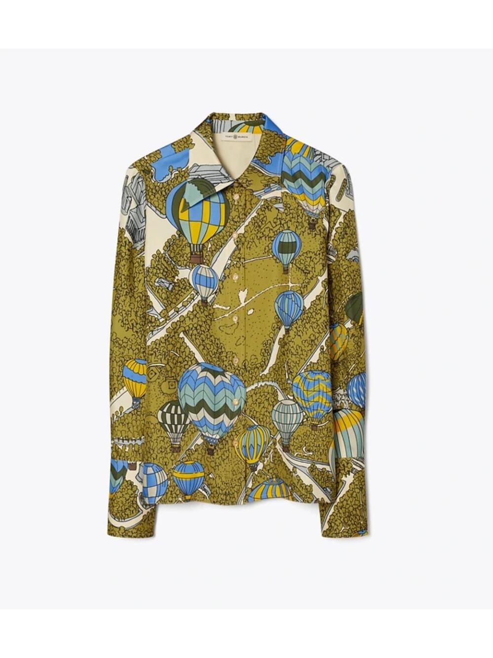 Tory Burch Hot Air Balloon Green Blue Button Down Shirt Preppy Silk Women size 6